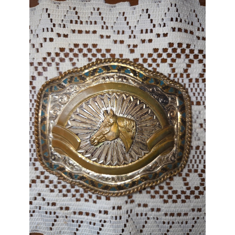 Vintage Crumrine Silver Plate Bronze Horse Belt Buckle Western Cowboy